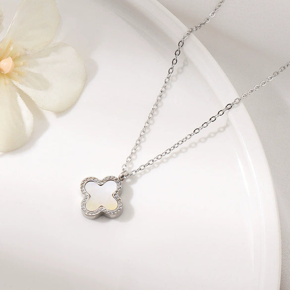Wholesale Jewelry Titanium Steel Doublesided Flower Clover Fritillary Gold Inlaid Pendant Necklace For Women