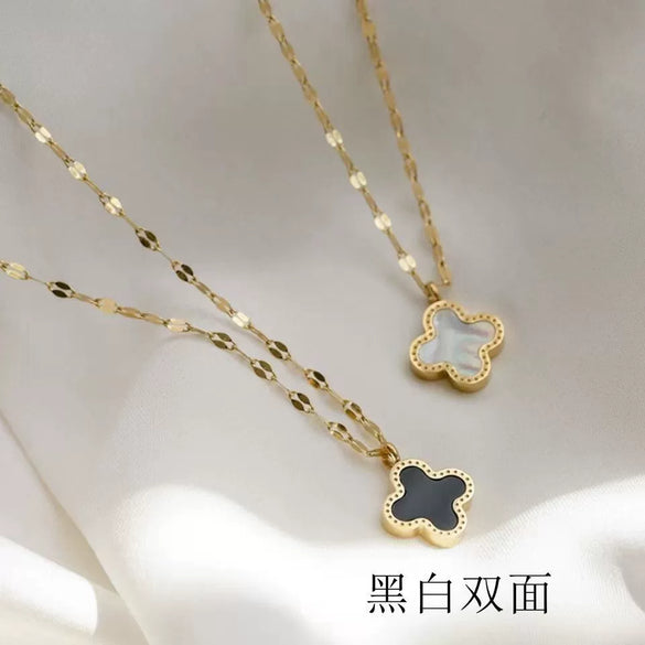 Wholesale Jewelry Titanium Steel Doublesided Flower Clover Fritillary Gold Inlaid Pendant Necklace For Women