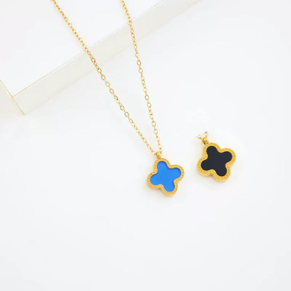 Wholesale Jewelry Titanium Steel Doublesided Flower Clover Fritillary Gold Inlaid Pendant Necklace For Women