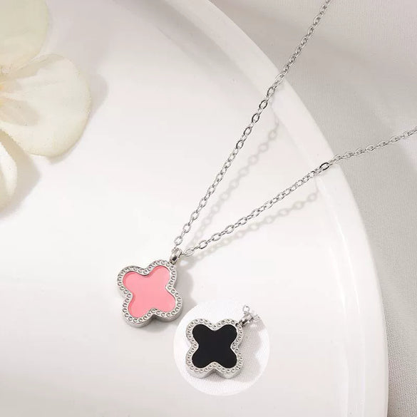 Wholesale Jewelry Titanium Steel Doublesided Flower Clover Fritillary Gold Inlaid Pendant Necklace For Women