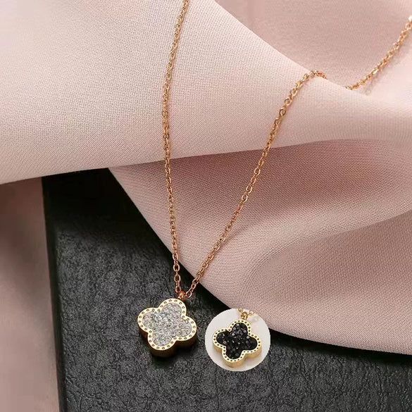 Wholesale Jewelry Titanium Steel Doublesided Flower Clover Fritillary Gold Inlaid Pendant Necklace For Women