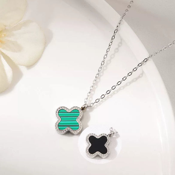Wholesale Jewelry Titanium Steel Doublesided Flower Clover Fritillary Gold Inlaid Pendant Necklace For Women