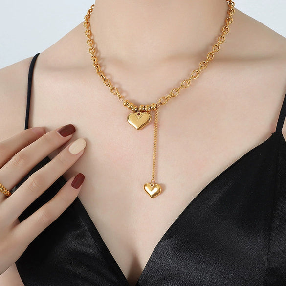 Wholesale Jewelry 316L Stainless Steel Electroplated 18K Gold Double Heart And Geometric Pendant Clavicle Necklace For Women