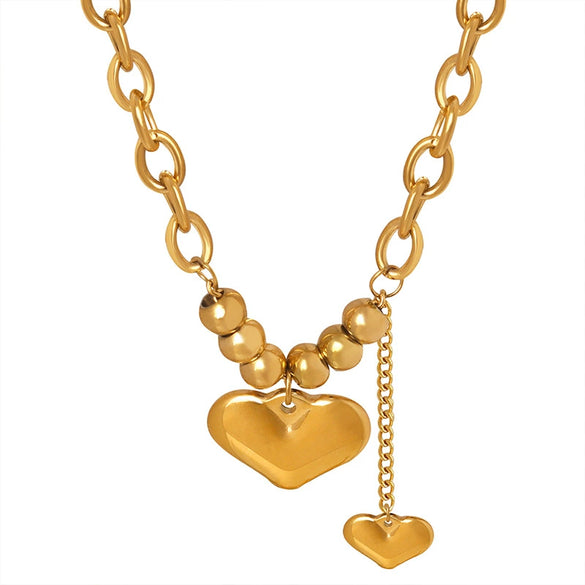 Wholesale Jewelry 316L Stainless Steel Electroplated 18K Gold Double Heart And Geometric Pendant Clavicle Necklace For Women