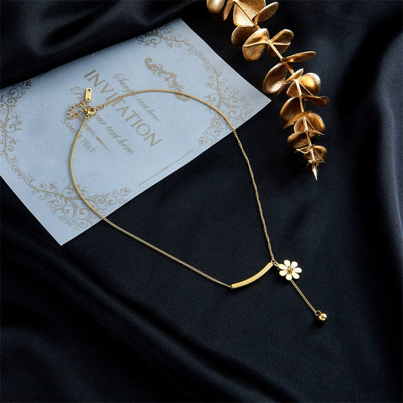 Wholesale Jewelry Titanium Steel Flower Tassel Gold Bead Pendant Necklace With Electroplating