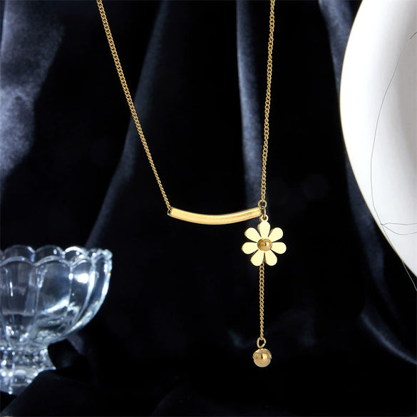 Wholesale Jewelry Titanium Steel Flower Tassel Gold Bead Pendant Necklace With Electroplating
