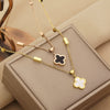 Wholesale Jewelry Titanium Steel Four Leaf Clover Clavicle Chain With Mixed Gemstone Inlay And Geometric Pattern And Electroplating Treatment For Women