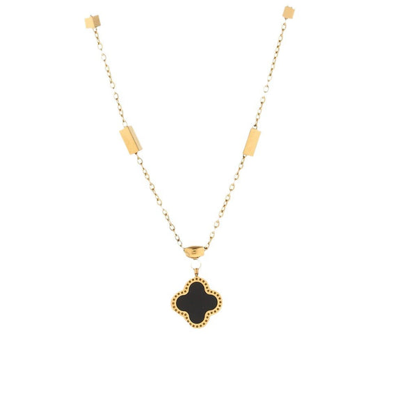Wholesale Jewelry Titanium Steel Four Leaf Clover Clavicle Chain With Mixed Gemstone Inlay And Geometric Pattern And Electroplating Treatment For Women