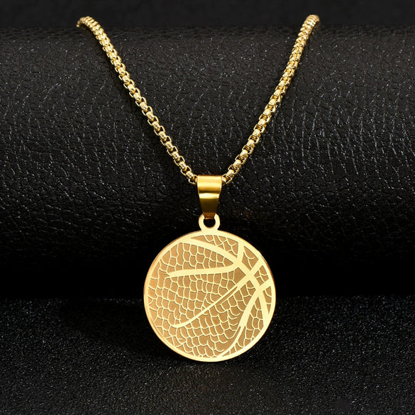 Wholesale Jewelry Titanium Steel Geometric Basketball Pendant Necklace With Pearl Chain And Electroplating