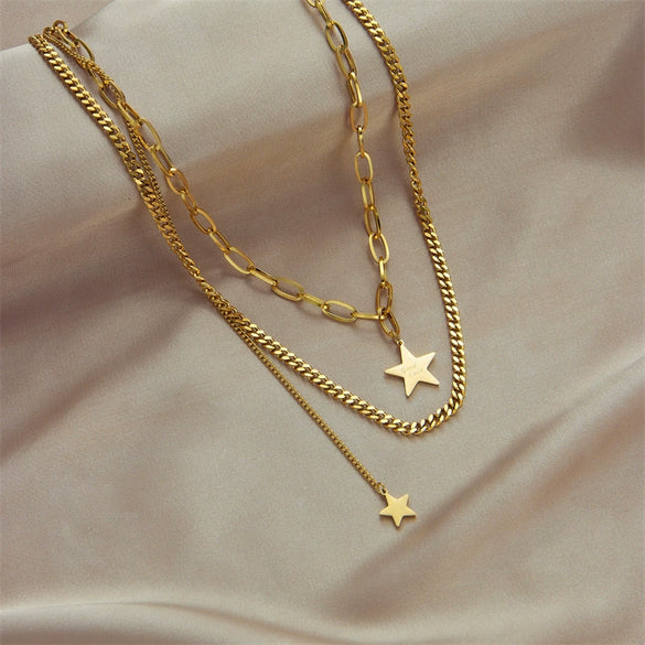 Wholesale Jewelry Titanium Steel Geometric Fivepointed Star Doublelayer Pendant Clavicle Necklace Electroplated For Women