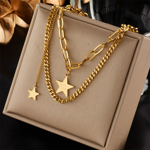 Wholesale Jewelry Titanium Steel Geometric Fivepointed Star Doublelayer Pendant Clavicle Necklace Electroplated For Women