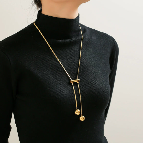 Wholesale Jewelry Titanium Steel Geometric Hollow Ball Long Tassel Pendant Chain Fashion Light Luxury Electroplated