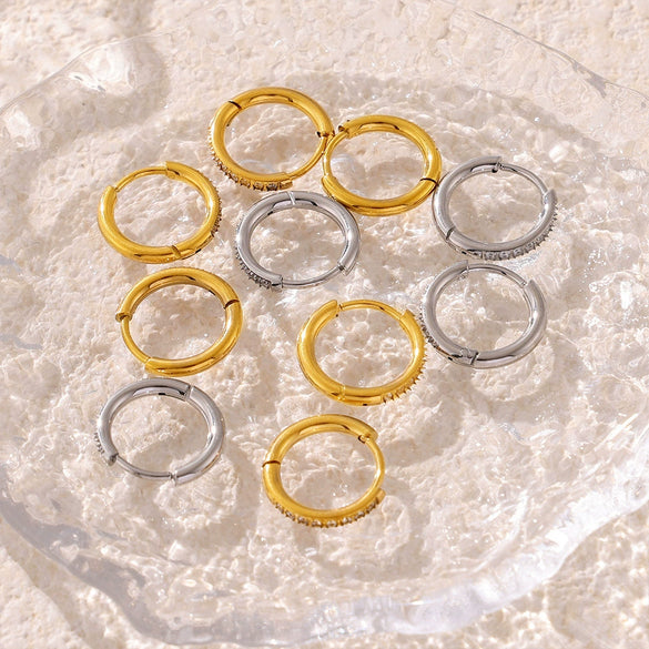 Wholesale Jewelry Titanium Steel Geometric Inlaid Zircon Earrings Pvd Goldplated Niche Design Circle Ear Buckle