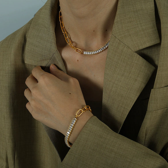 Wholesale Jewelry 316L Stainless Steel Geometric Pattern Electroplating Splicing Style Necklace Bracelet Earrings Suit