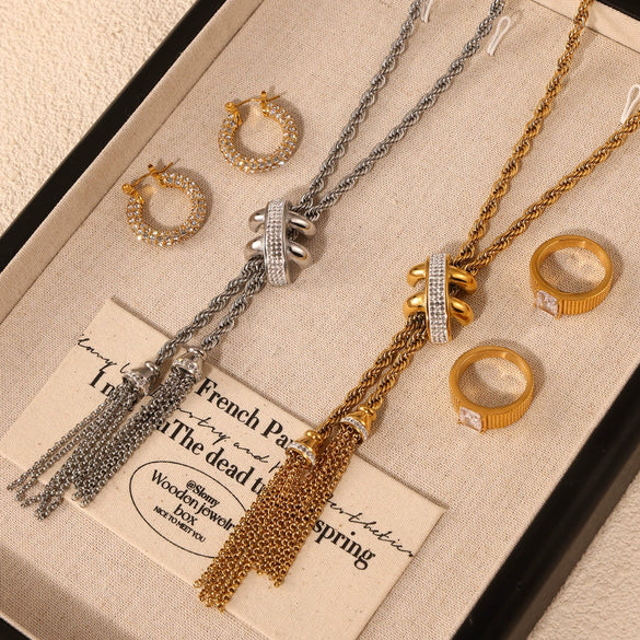 Wholesale Jewelry Titanium Steel Geometric Pattern Tassel Design Electroplated Fourpiece Set Necklace Bracelet Earrings Ring