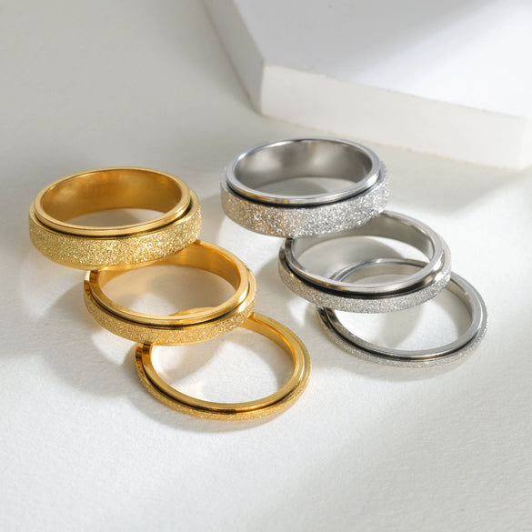 Wholesale Jewelry Titanium Steel Geometric Rotatable Couple's Frosted Ring Electroplated