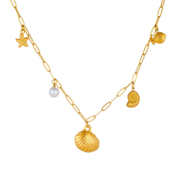 Wholesale Jewelry Titanium Steel Geometric Sea Life Shell Pearl Beach Necklace Electroplating For Women