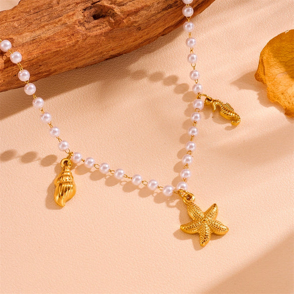 Wholesale Jewelry Titanium Steel Geometric Sea Life Shell Pearl Beach Necklace Electroplating For Women