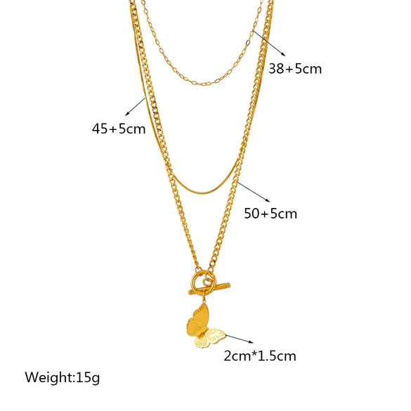 Wholesale Jewelry Titanium Steel Geometric Three Dimensional Butterfly Pendant Multi Layer Chain Necklace For Women With Electroplating