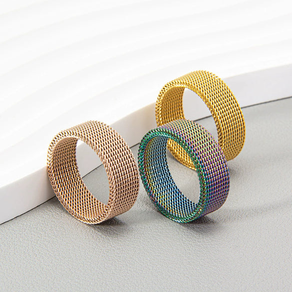 Wholesale Jewelry Titanium Steel Geometric Woven Mesh Deformation Ring Electroplated
