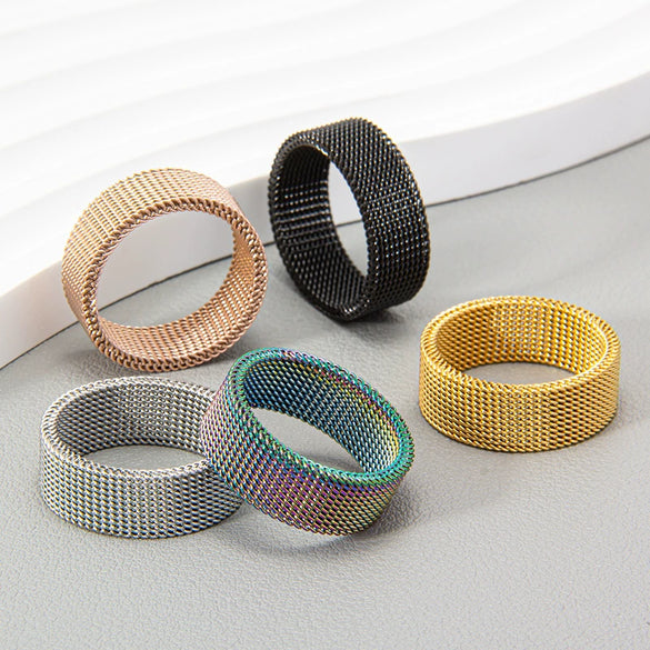 Wholesale Jewelry Titanium Steel Geometric Woven Mesh Deformation Ring Electroplated