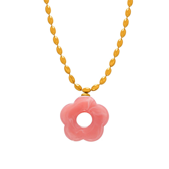 Wholesale Jewelry 316L Stainless Steel Gold Plated Chain With Flower Resin Pendant Fresh Simple Style For Women