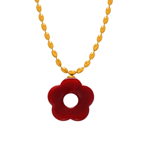 Wholesale Jewelry 316L Stainless Steel Gold Plated Chain With Flower Resin Pendant Fresh Simple Style For Women