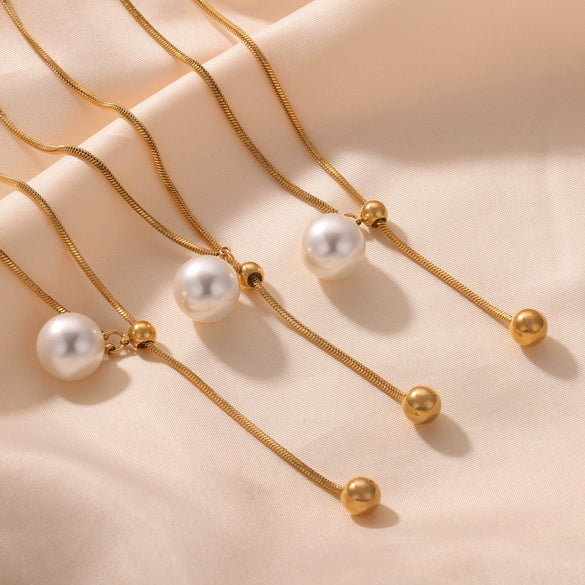 Wholesale Jewelry 316L Stainless Steel Gold Plated Geometric Round Bead Tassel Pendant Necklace For Women