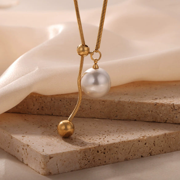 Wholesale Jewelry 316L Stainless Steel Gold Plated Geometric Round Bead Tassel Pendant Necklace For Women