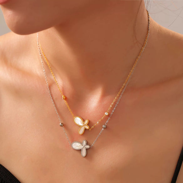 Wholesale Jewelry 316L Stainless Steel Gold Plated Inlaid White Shell Butterfly Pendant Unisex Set
