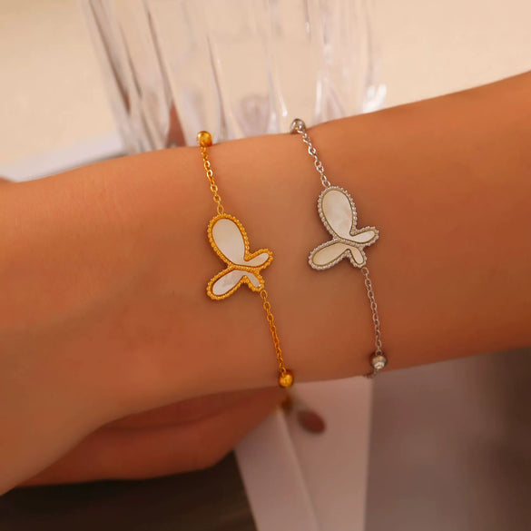 Wholesale Jewelry 316L Stainless Steel Gold Plated Inlaid White Shell Butterfly Pendant Unisex Set