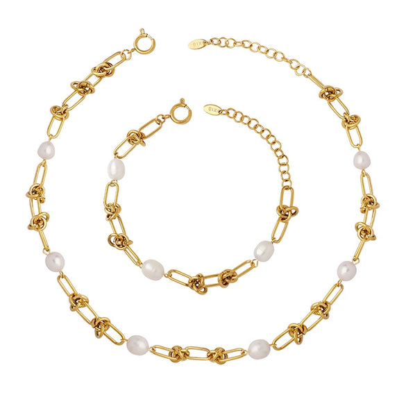 Wholesale Jewelry 316L Stainless Steel Gold Plated Retro Elegant Freshwater Pearl Kink Chain Necklace And Bracelet Set