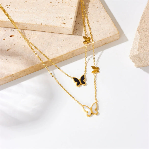 Wholesale Jewelry Titanium Steel Goldplated Butterfly Double Chain Necklace Elegant Black And White Glossy Stereo Style