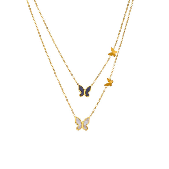 Wholesale Jewelry Titanium Steel Goldplated Butterfly Double Chain Necklace Elegant Black And White Glossy Stereo Style