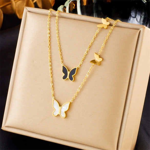 Wholesale Jewelry Titanium Steel Goldplated Butterfly Double Chain Necklace Elegant Black And White Glossy Stereo Style