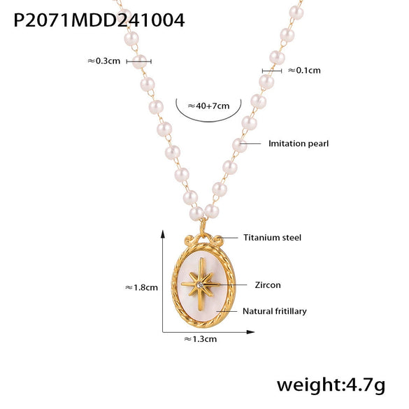Wholesale Jewelry 316L Stainless Steel Imitation Pearl Chain Necklace With Natural Fritillaria Oval Pendant Geometric Style Electroplating For Women