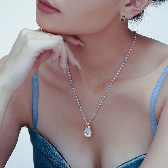 Wholesale Jewelry 316L Stainless Steel Imitation Pearl Chain Necklace With Natural Fritillaria Oval Pendant Geometric Style Electroplating For Women