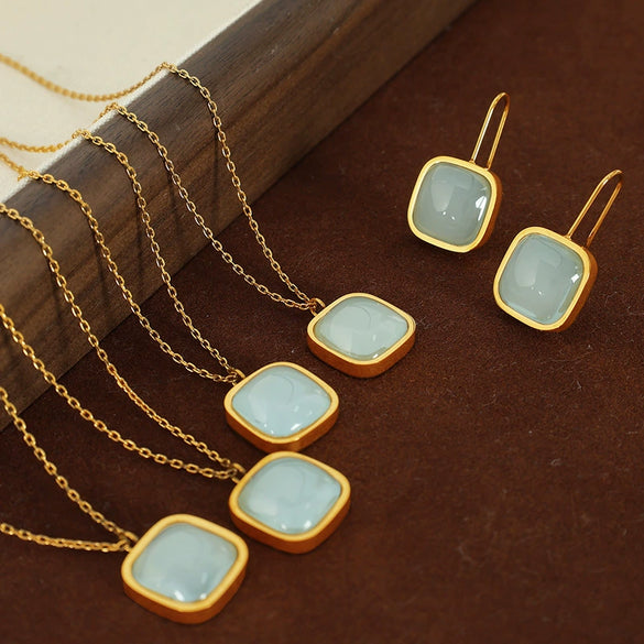 Wholesale Jewelry 316L Stainless Steel Inlaid Jade French Retro Style With Stars Sun And Moon Clouds Universe Pattern Earrings Necklace Set For Women
