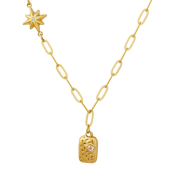 Wholesale Jewelry 316L Stainless Steel Inlaid Mixed Gem Irregular Square Sixpointed Star Pendant Necklace Plated 18K Gold Geometric Style
