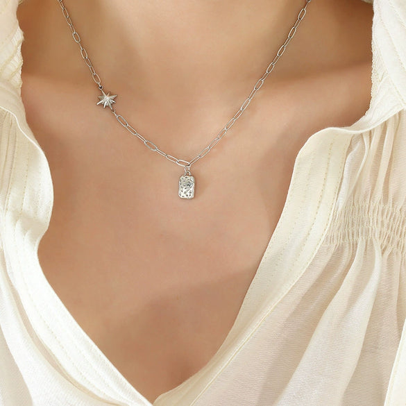 Wholesale Jewelry 316L Stainless Steel Inlaid Mixed Gem Irregular Square Sixpointed Star Pendant Necklace Plated 18K Gold Geometric Style