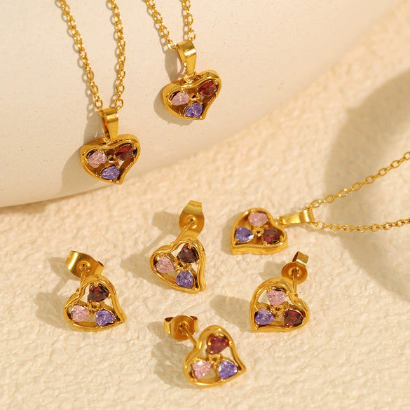 Wholesale Jewelry 316L Stainless Steel Inlaid Zircon Peach Heart Love Water Drops Bell Pattern Electroplated Women's Necklace And Earrings Set