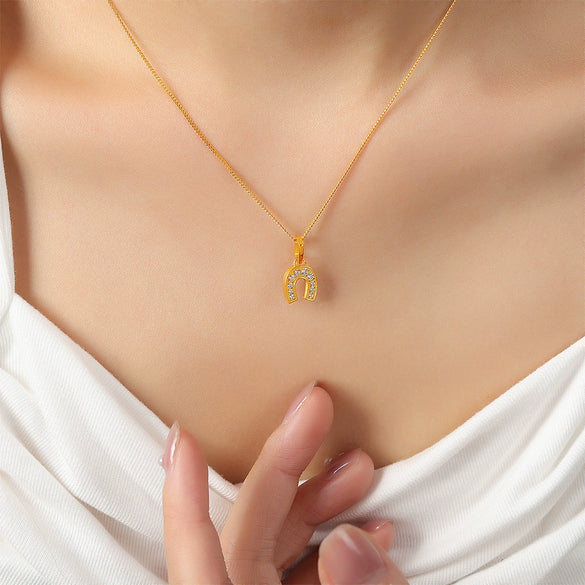 Wholesale Jewelry 316L Stainless Steel 18K Gold Plated Ushaped Diamond Pendant Necklace