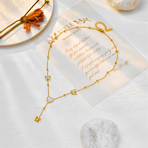 Wholesale Jewelry Titanium Steel Love Heart Butterfly Tassel Pendant Necklace Electroplated For Women
