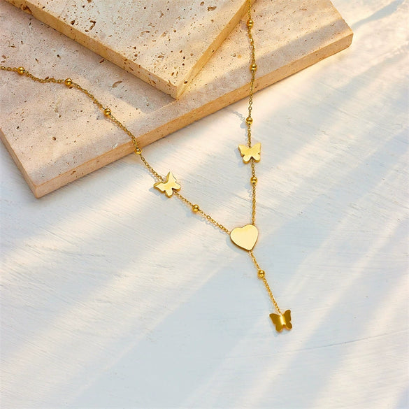 Wholesale Jewelry Titanium Steel Love Heart Butterfly Tassel Pendant Necklace Electroplated For Women