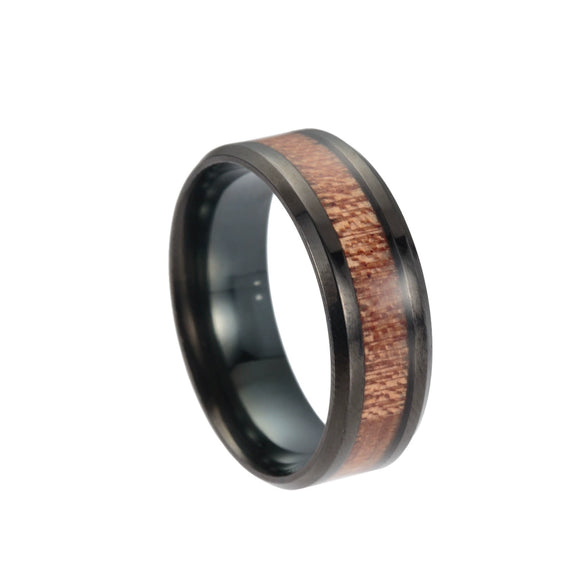 Wholesale Jewelry Titanium Steel Men's Ring Inlaid Acacia Wood With Geometric Pattern And Dripping Oil Treatment