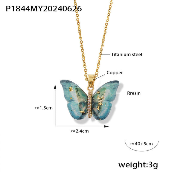 Wholesale Jewelry 316L Stainless Steel Multicolor Resin Butterfly Shape Pendant Necklace With Diamond Design And Ochain