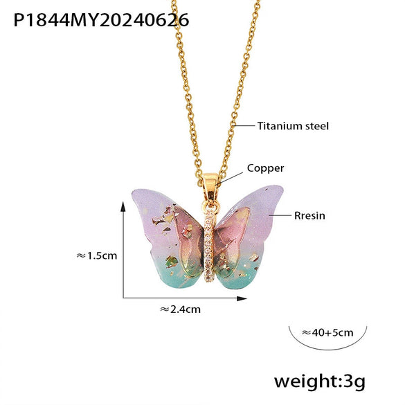 Wholesale Jewelry 316L Stainless Steel Multicolor Resin Butterfly Shape Pendant Necklace With Diamond Design And Ochain