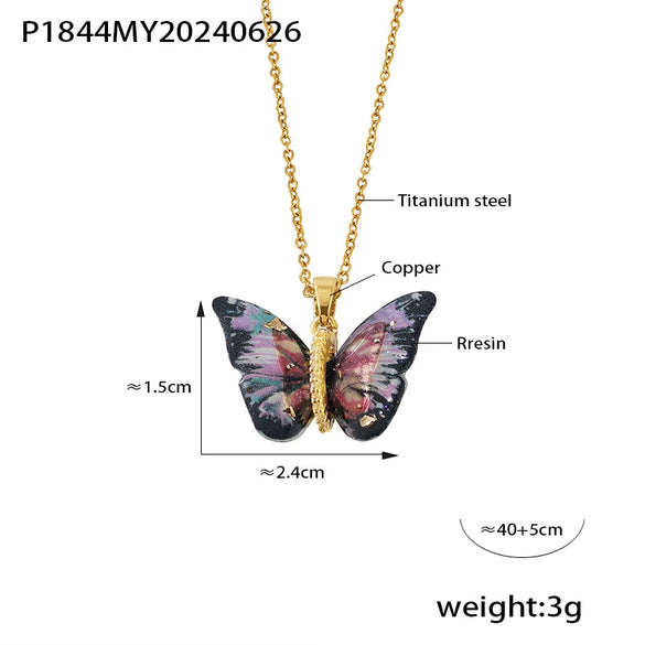 Wholesale Jewelry 316L Stainless Steel Multicolor Resin Butterfly Shape Pendant Necklace With Diamond Design And Ochain
