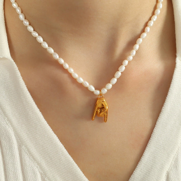 Wholesale Jewelry 316L Stainless Steel Pearl Gesture Fashion Retro Necklace Set