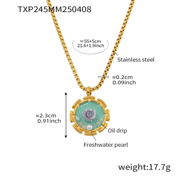 Wholesale Jewelry 316L Stainless Steel Pearl Weight Glaze Plants Flowers Pattern Electroplating Women's Court Style Necklace